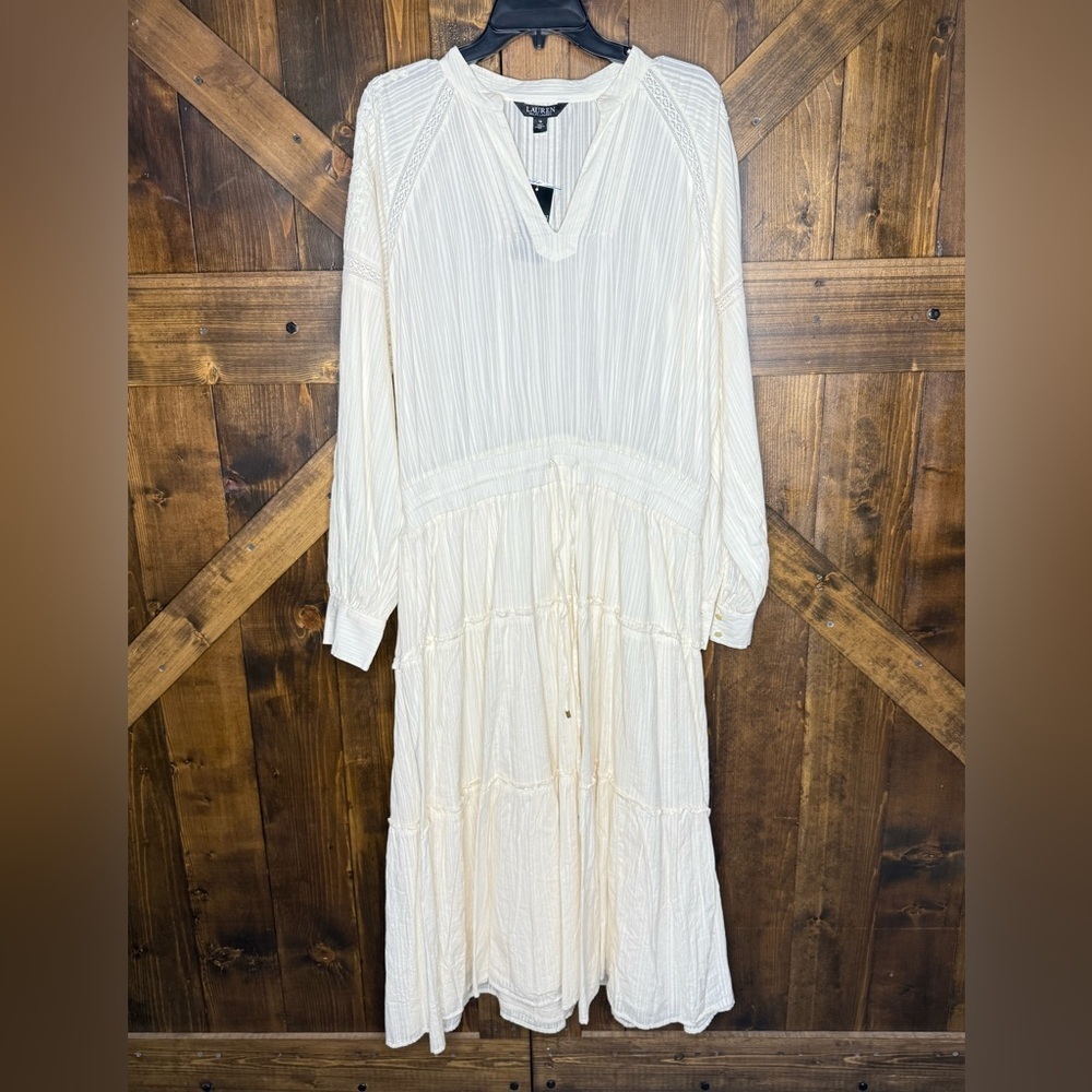 NWT Lauren Ralph Lauren Shadow-Stripe Cotton Tiered Dress Winter Cream Size 16 - Picture 3 of 11